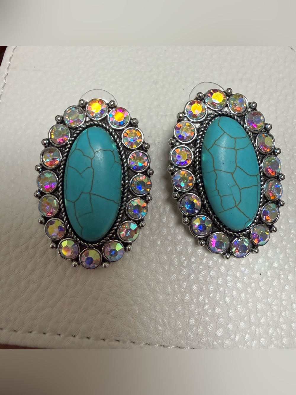 Turquoise Oval Stone Earrings with Aurora Austrian Crystal Halo